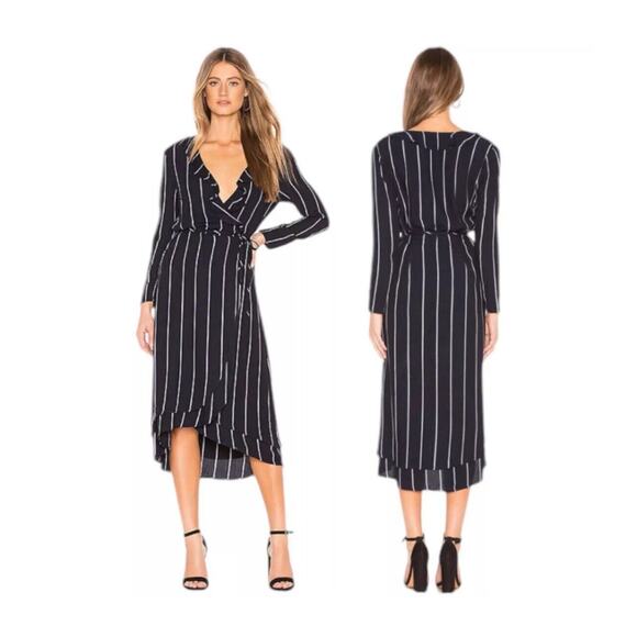 Rails Priya Navy Blue Metallic Stripe Ruffle Wrap Midi Dress Sz L Party Classic - Picture 4 of 16